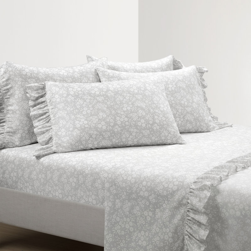 Gray Floral Microfiber Twin XL Ruffle Sheet Set