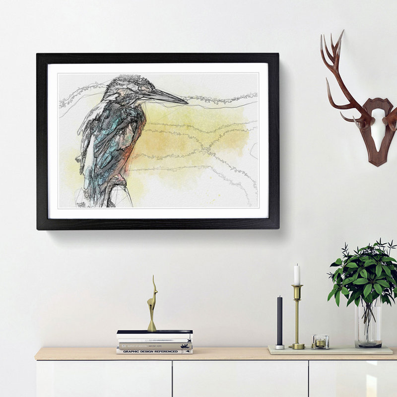 Blue Kingfisher in Abstract - Picture Frame Drawing Print, 62cm H x 87cm W x 2cm D, Black Framed