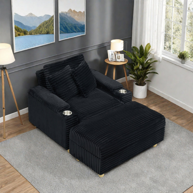Corduroy Single Sofa With One Pillow, Two Throw Pillows, A Footstool And Two Storage Spaces., Black