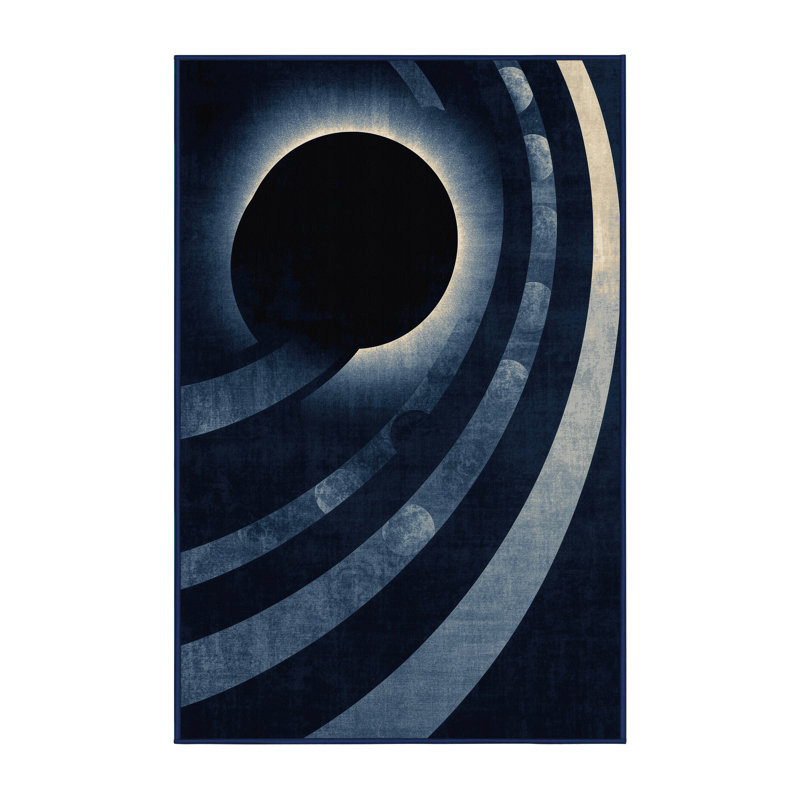 Machine Washable Palvinder Bold & Eclectic Modern Arc Rug in Gray – Navy Binding, 8 x 10