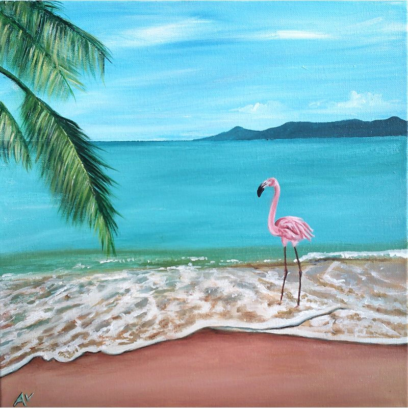 «Flamingo Takes a Dip» par Amy Valiante - reproduction d'art, Toile tendue, Pas de tapis, H 18 po x l 18 po x P 0,15 po
