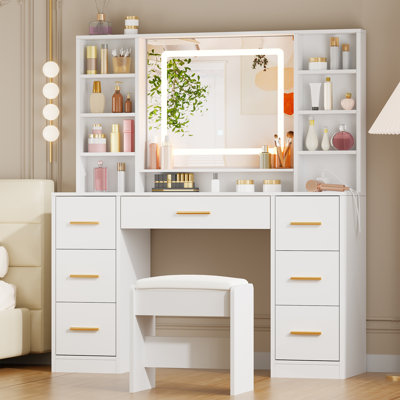 Coiffeuse 39,4 "avec miroir lumineux à DEL Adriel, 7 tiroirs, prise de courant et tabouret Adriel