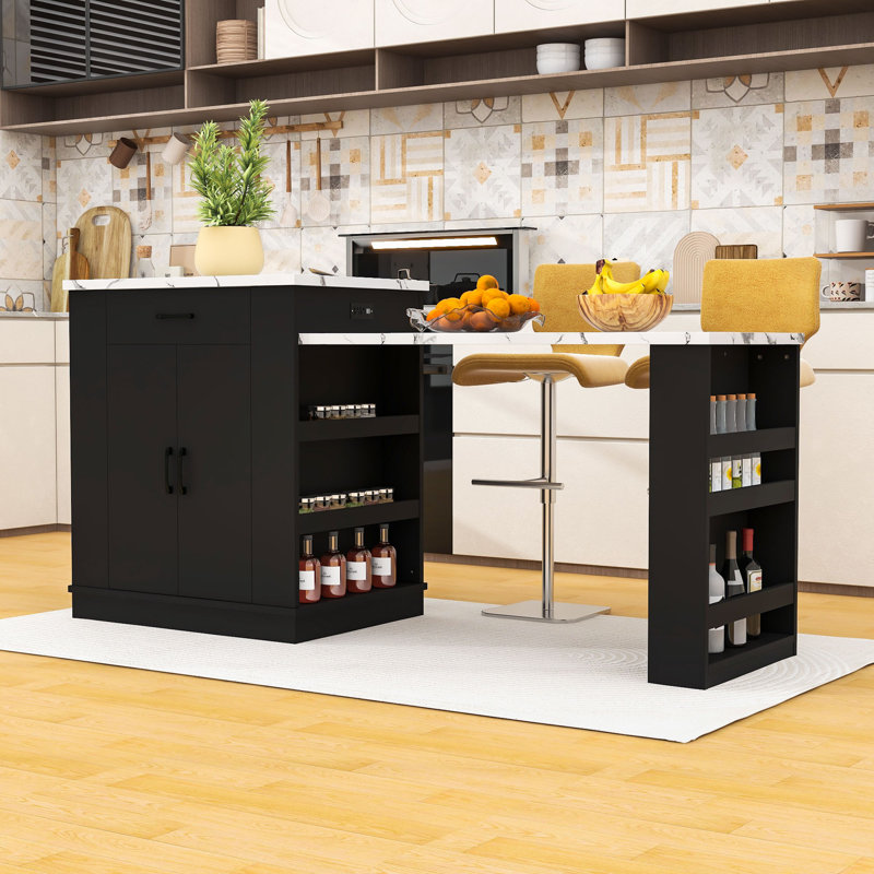 Îlot de cuisine extensible avec tiroirs de rangement, armoires, tablettes ouvertes et station de charge intégrée, Noir