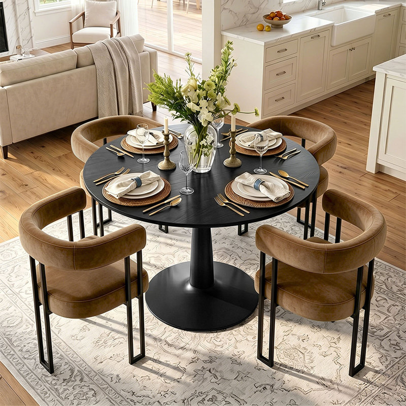 4 - Person Dining Table Sets With Round Table & 4 Upholstered Velvet Chairs, Camel