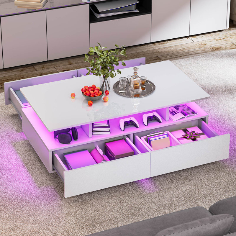Ellise LED Coffee Table with 4 Drawers, White