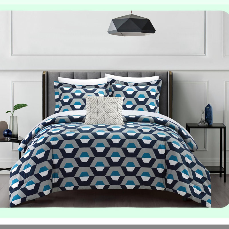 HexaComfort 4-Piece Geometric Queen Comforter Set - Modern Hexagon Pattern Print Design Bedding with Decorative Pillow Shams in Blue.