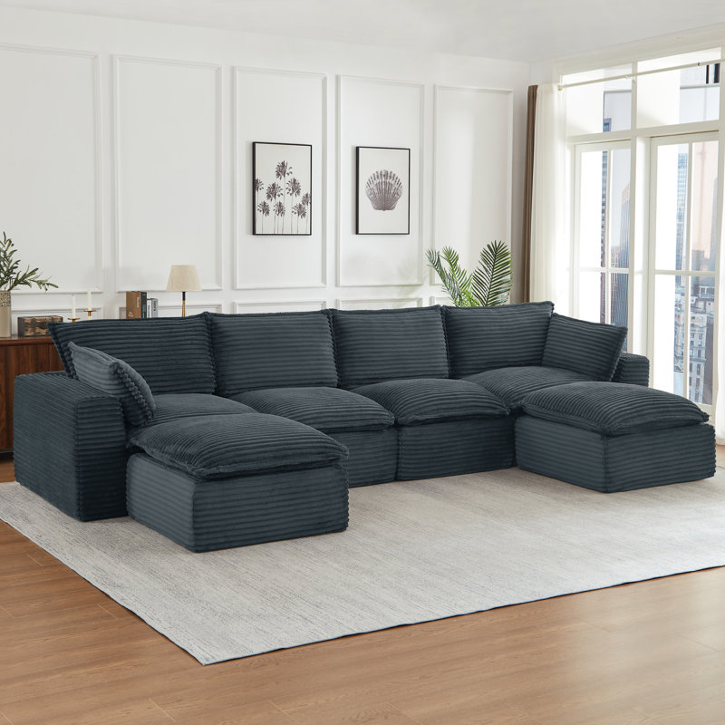 Canapé modulaire en velours côtelé à compression de 6 places de 140,5 po avec accoudoirs et repose-pieds Boneless