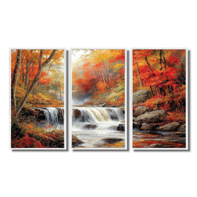 Red Autumn Mountain Waterfall Long View II - Waterfall Wall Art Living Room Set