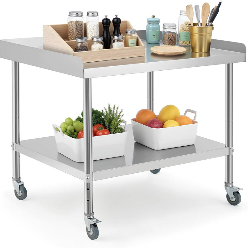Table en acier inoxydable, table de préparation robuste avec dosseret non amovible pour espaces de travail polyvalents, table de travail commerciale polyvalente à 4 roues pour cuisines et restaurants