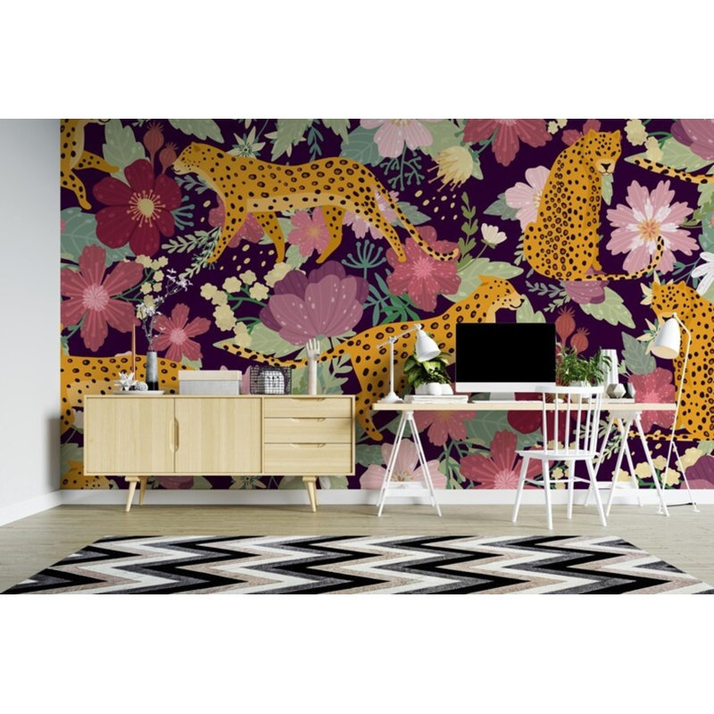 Papier peint imprimé floral mauve léopard, L 96 po x l 108 po