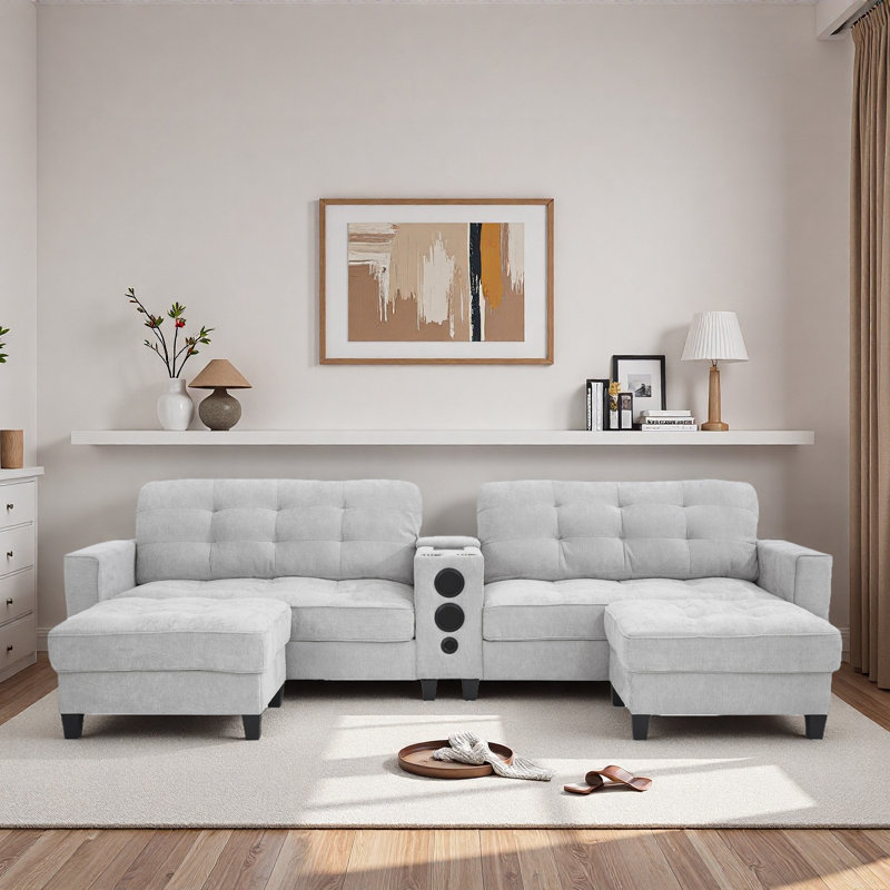 Canapé modulaire moderne en forme de U avec repose-pieds de rangement mobile, console multifonctionnelle, haut-parleurs Bluetooth et lumières à DEL