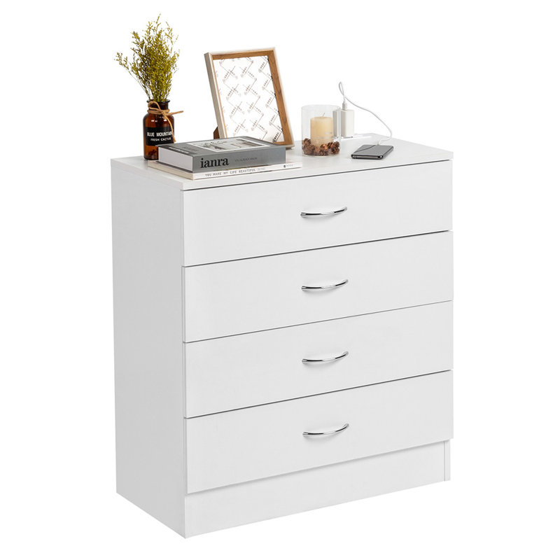 Table de chevet 4 tiroirs avec ports USB et prise de courant, Blanc