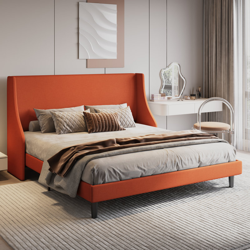 Lit plateforme tapissier Toderick avec aile de luxe et mélange de lin, Très grand, Orange
