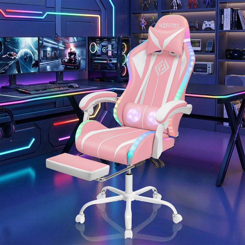 HOFFREE Gaming Chair With LED RGB Lights With Massage And Footrest Ergonomic Computer Chair High Back Video Game Chair With Adjustable Lumbar Support Linkage Armrest