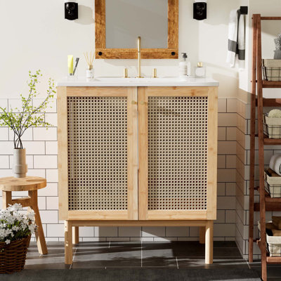 30-inch bathroom vanity crafted from natural materials, featuring handmade rattan doors, Wood