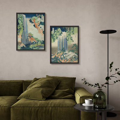 2-Piece Framed Japanese Waterfall Wall Art Set - Traditional Ukiyo-e Style Prints for Living Room or Study Decor