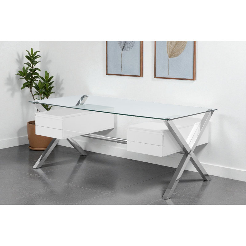 Table de travail contemporaine avec 4 tiroirs Beverly, Blanc / argenté