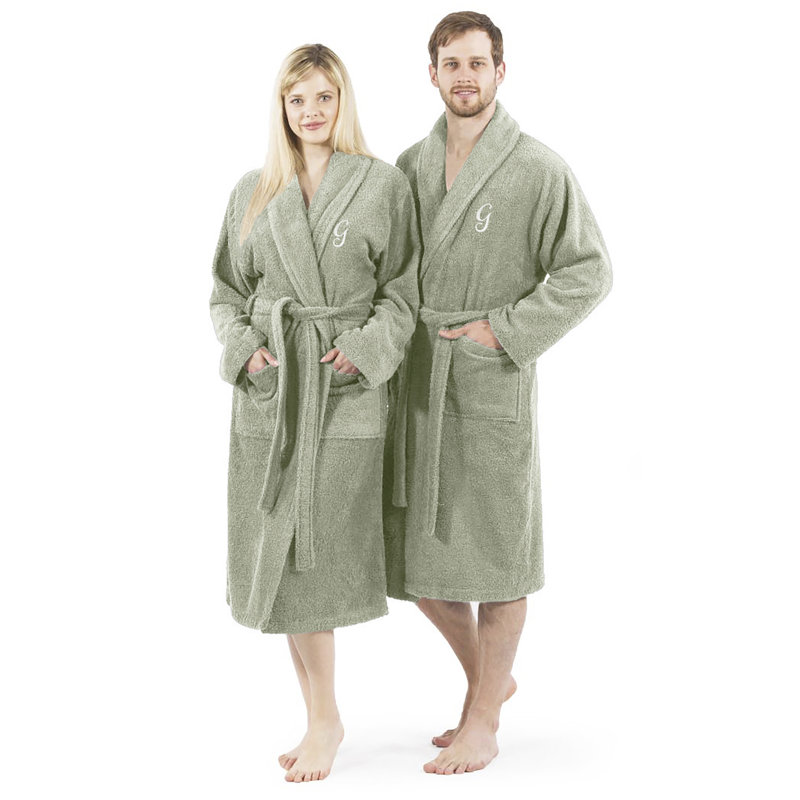 Green Cotton Terry Cloth Mid-Calf Bathrobe with Pockets