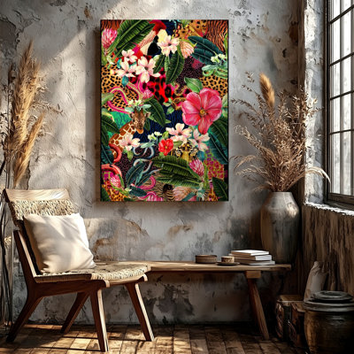 Reproduction d'art sur toile, animaux tropicaux de la jungle tropicale, girafe, léopard, impression sur toile, salon botanique, chambre à coucher, couloir, décoration murale surréelle moderne pour entrée de loft