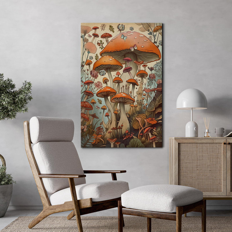 Multicolore rustique, illustrations de champignon rouge, Toile tendue, H 18 po x l 12 po