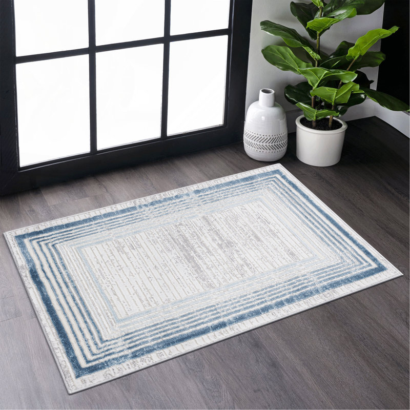  Blue/Ivory/Bordered Non-Shedding Living Room Bedroom Dining Home Office Stylish And Stain Resistant Area Rug