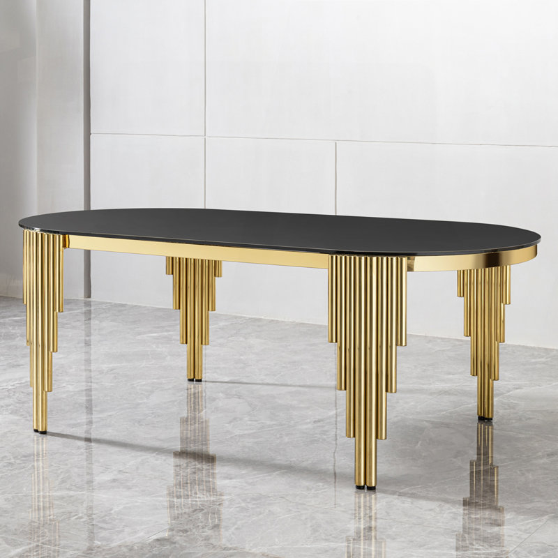 Table de salle à manger 70 "ovale en verre noir - pieds en acier inoxydable doré, sièges 6-8