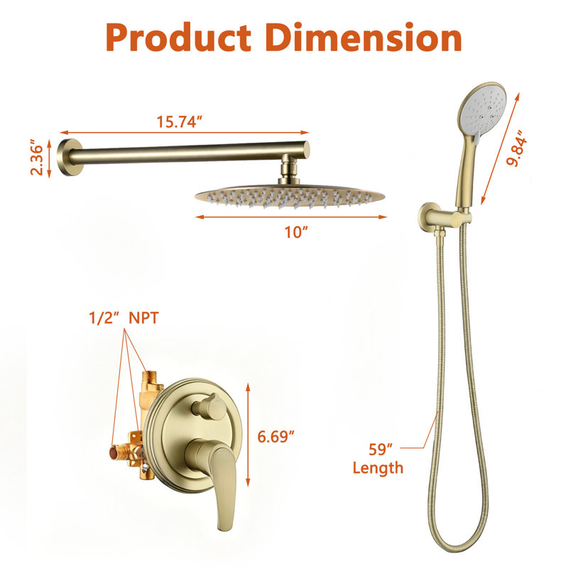 Ensemble de robinet de douche à 2 fonctions avec pomme de douche à pluie ronde ronde de 10 po et douchette à 5 jets