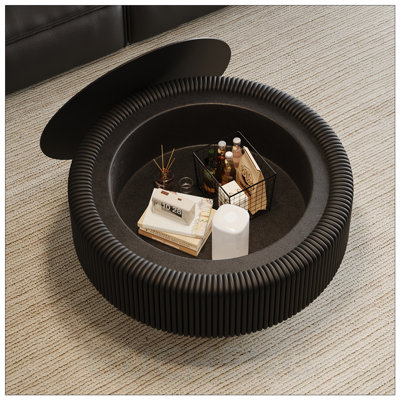 Fluted Round Storage Coffee Table with Tempered Glass Top, Premium Leather Wrapped, and Hidden Storage for Modern Living Rooms