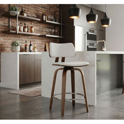 Tabouret de comptoir pivotant de 26 po en similicuir blanc et noyer Mery