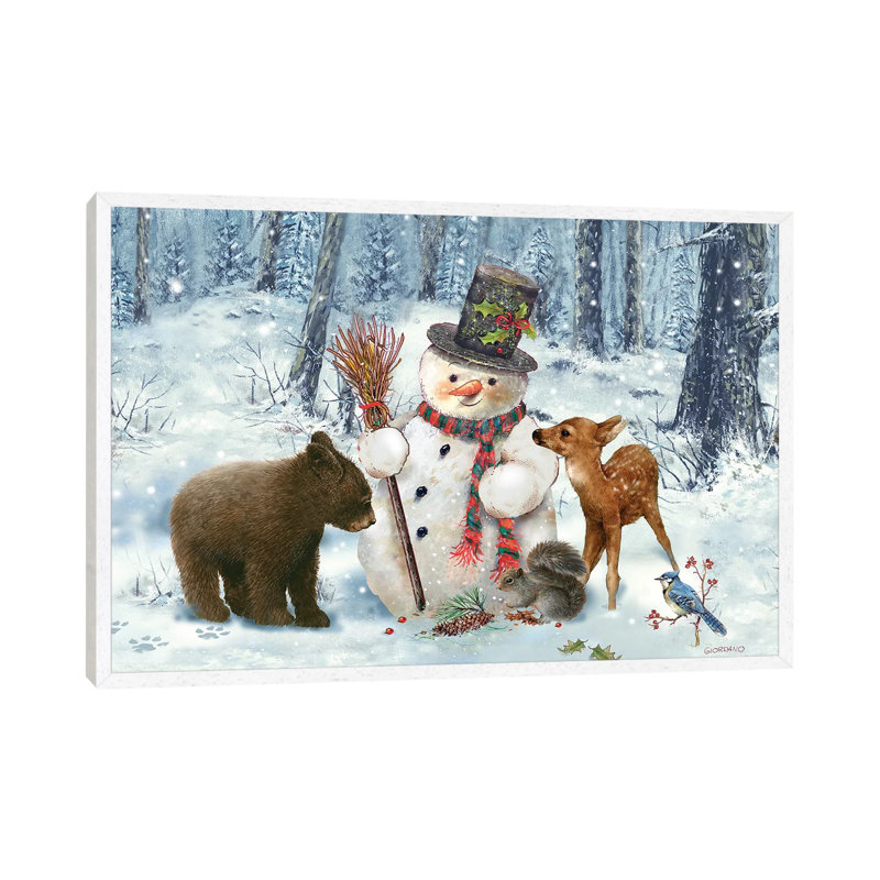 Woodland Snowman - Floater Frame Print on Canvas, White Framed