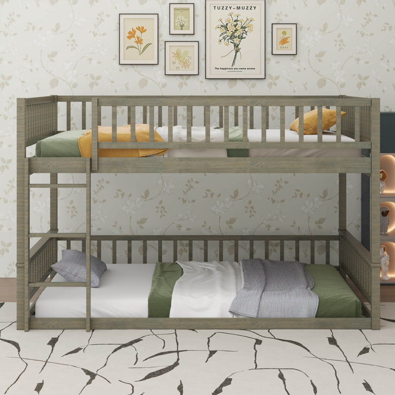 Space-Saving Queen Over Queen Bunk Bed With Ladder & Guardrails, Gray