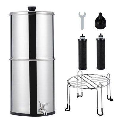 2.25 Gallon Countertop Gravity Water Filter System, 304 Stainless‑Steel with Dual Black Carbon Filters, Freestanding Stand Included