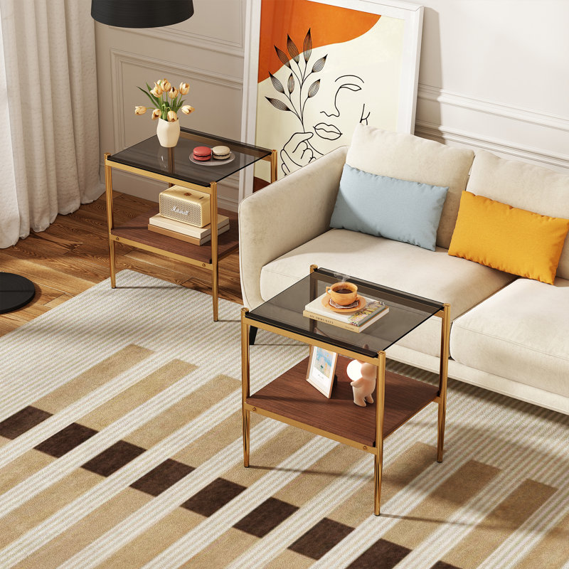 2-piece Modern End Tables Rectangle Side Table with Tempered Glass Top & MDF Storage Shelf, Living Room Accent Tables, Brown