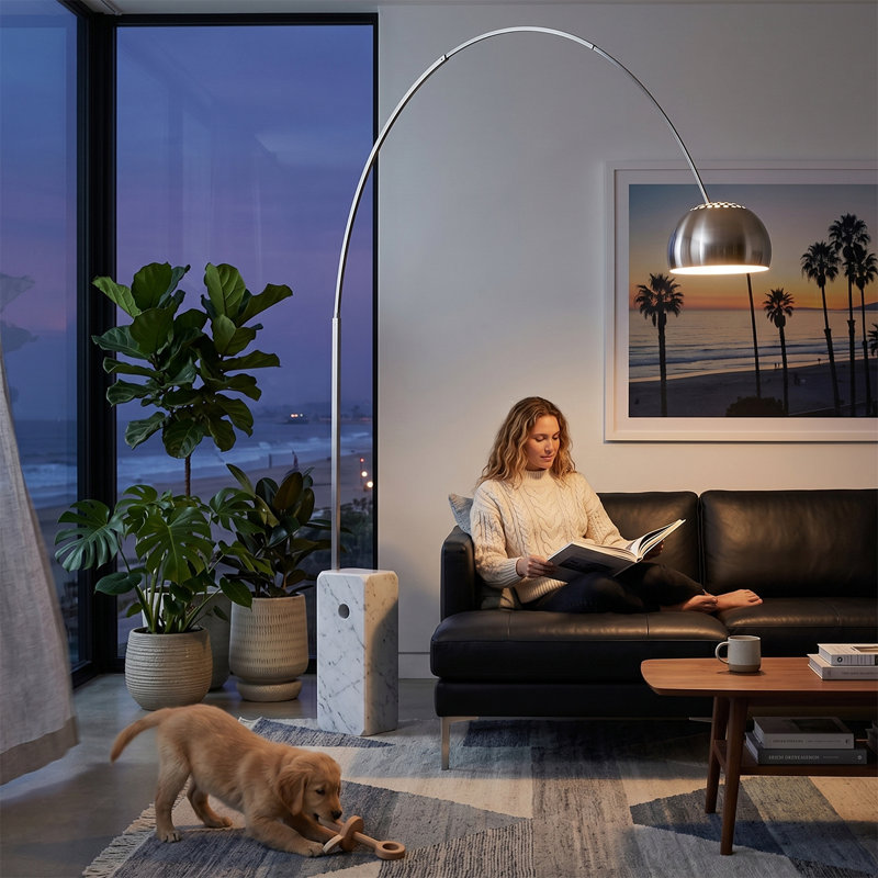 Iconic 95" White Marble Block Base Arc LED Floor Lamp with Adjustable Shade in Satin Nickel
Finish, White