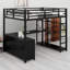 Lit mezzanine en métal avec cubes de rangement et tablettes, garde-robe et bureau en L