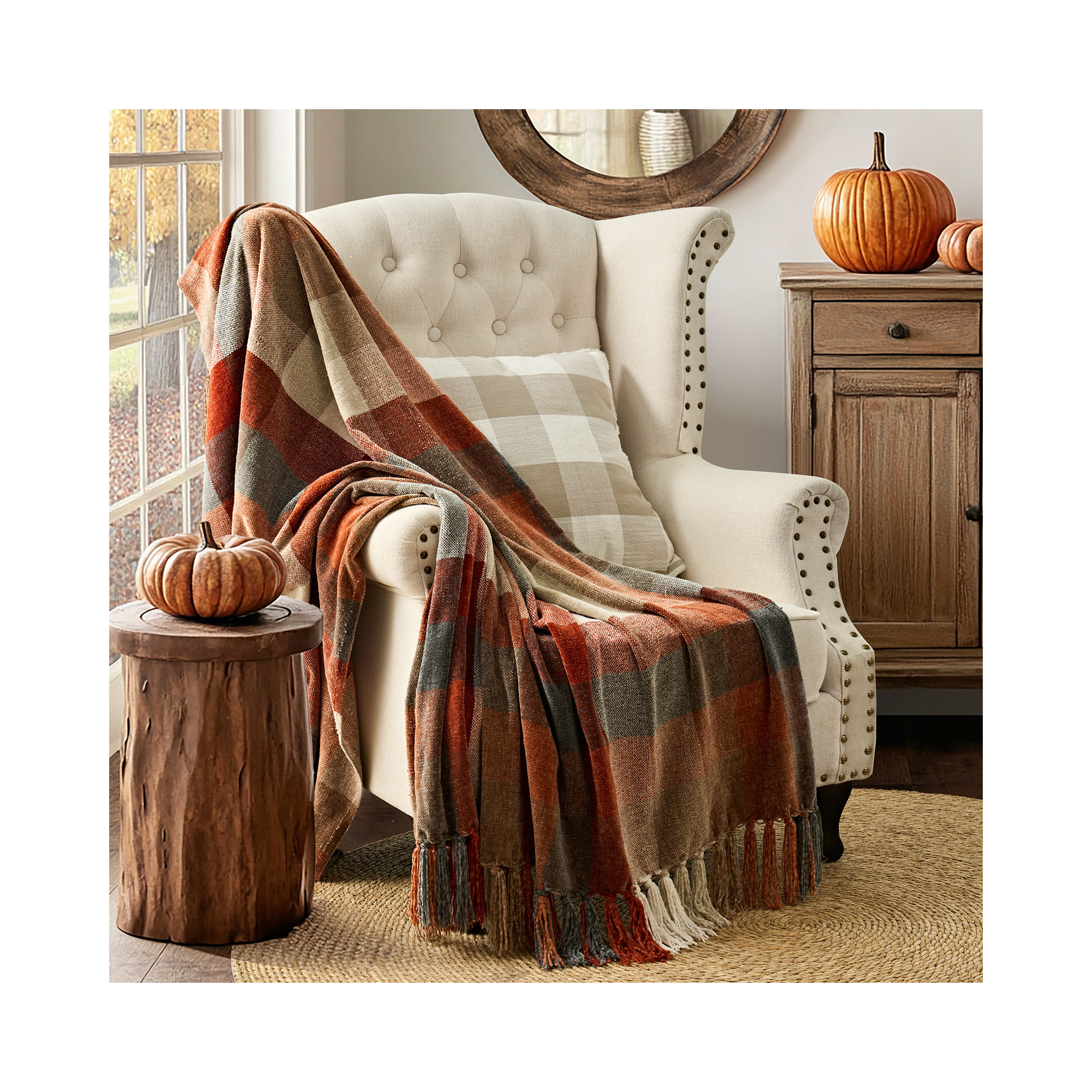 Soft Chenille Throw Blanket, Brown/Orange/Gray Plaid, 60" L x 50" W