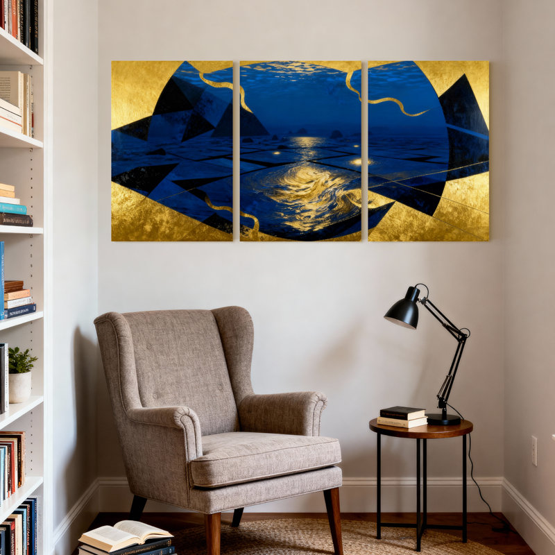 Abstract Ocean Reflections Gold Blue Pattern Set of 3 Canvas Wall Art Prints, 18" H x 36" W