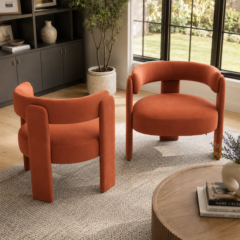 Fauteuil d'appoint Mid-Century, Orange + velours