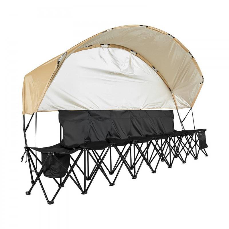 Portable Folding Bench, 6 Seat Soccer Bench with Storage Pockets Cup Holders & Carrying Bag, Lightweight Sideline Seating with Sunshade for Football, Baseball, Camping, Outdoor Events, Black