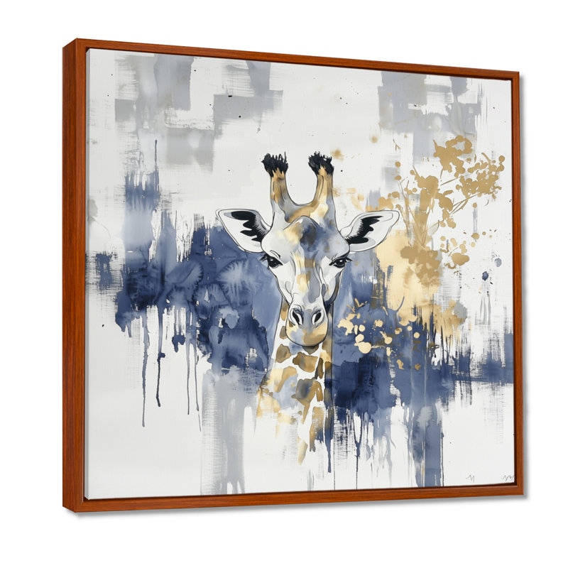 Girafe bleue et dorée II, H 16 po x l 16 po, Reproduction avec cadre flottant, Brun