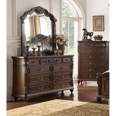 Traditional Formal Antique Walnut Unique Design Dresser W Mirror Drawers Storage Bedroom Furniture by Bloomsbury Market