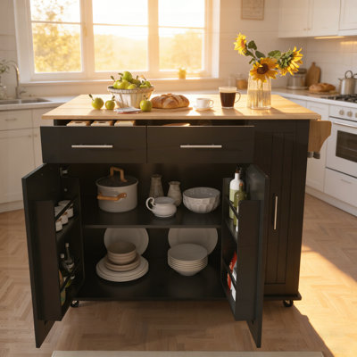 Îlot de cuisine polyvalent avec abattant, organisateur coulissant à 3 niveaux, tablettes réglables, roulettes et grand espace de rangement pour les cuisines modernes.