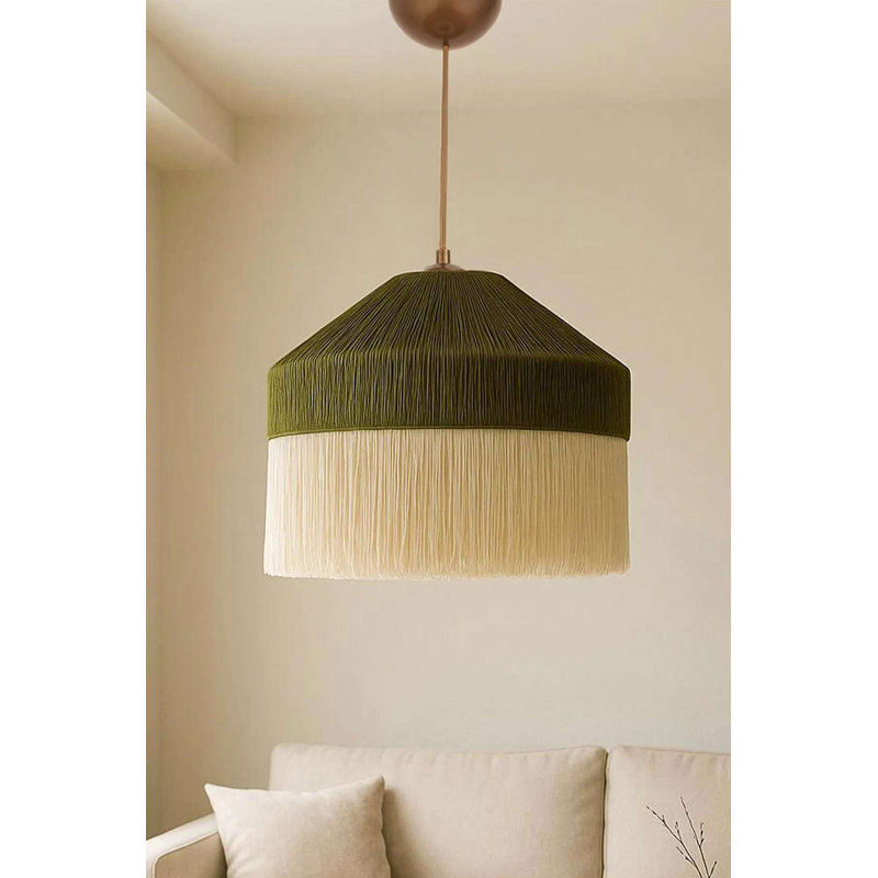 Elegant Adjustable Chandelier, Green & Cream Colors, Ø15.7 x 13.8 inches | Durable Plastic Body & Macrame-Rafia Cap | Height Adjustable from 13.8 to 27.6 inches | Max 40W E27 Socket, Ideal for Home & Dining Spaces