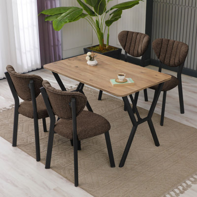 Ensemble de table et chaises de salle à manger extensible (5 pièces) - brun et noyer | Table en carton 100% enduit de mélamine, table: 43,3 po x 29,1 po x 29,1 po | Chaises à structure 100% métal, tissu en lin, siège confortable, démonté pour un assemblage facile