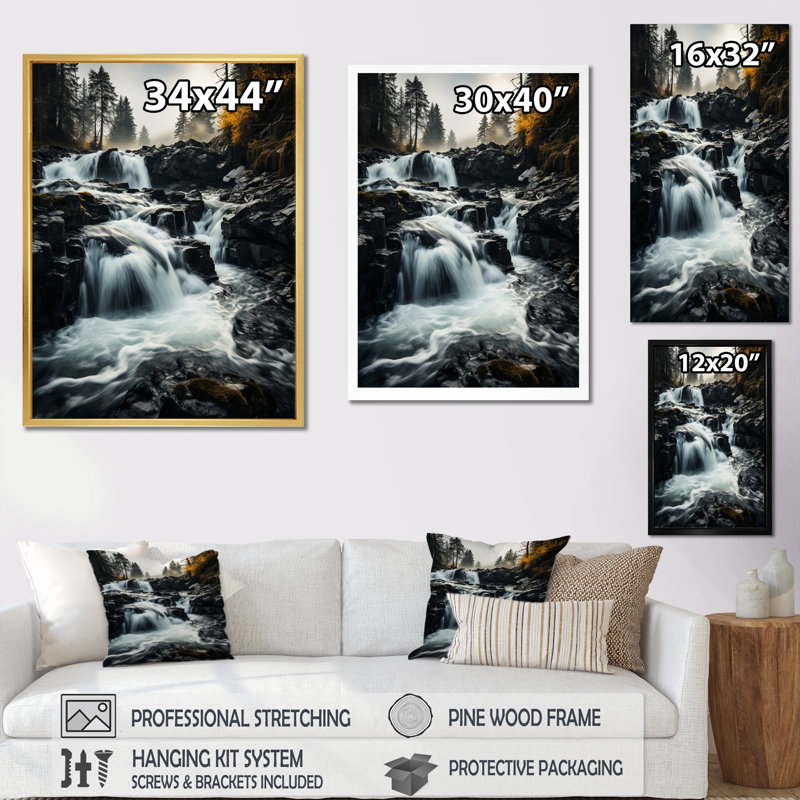 «Waterfall Dancing Cascades II», reproduction sur toile, H 32 po x l 16 po x P 1 po, Cadre doré à une seule photo