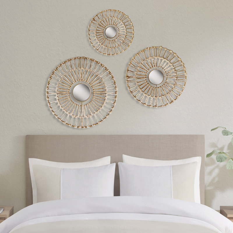 Gold Corn Husk Wrapped Round Decorative Mirror Set