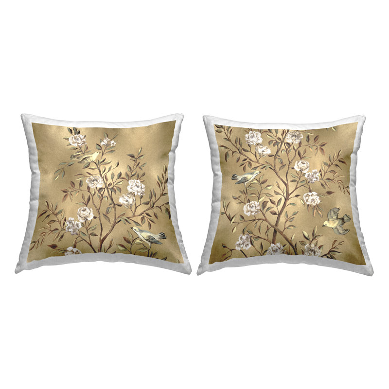 Classic Glam Beige Floral Tree Printed Square Pillow Set