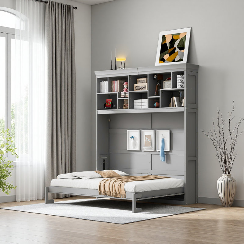 Grand lit escamotable mural avec tablettes supérieures et USB, Gris