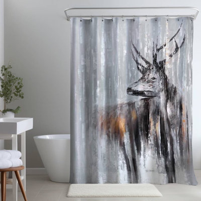 Rustic Deer Brown – Deer in Forest Home – Polyester Shower Curtain, Dye Sublimation Print, 71" W × 74" L