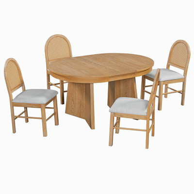5-Piece Round Dining Table Set for 4, Retro Extendable dining table set with 4 Upholstered Chairs, Kitchen Table and Chairs Set for Dining Room and Ki